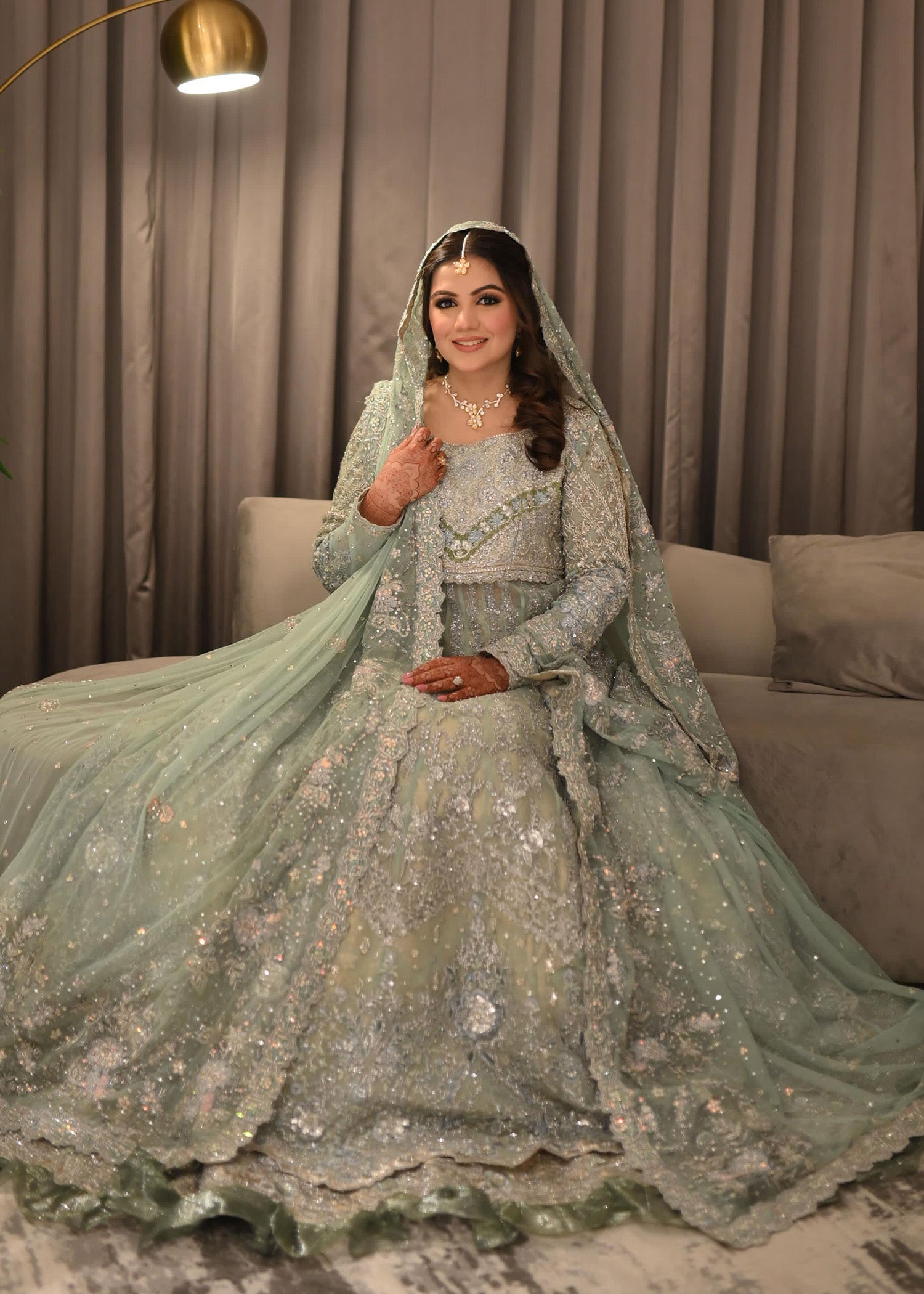 Pakistani Ice Blue Embellished Net Silk Bridal Lehenga (3-Piece) - Image 3