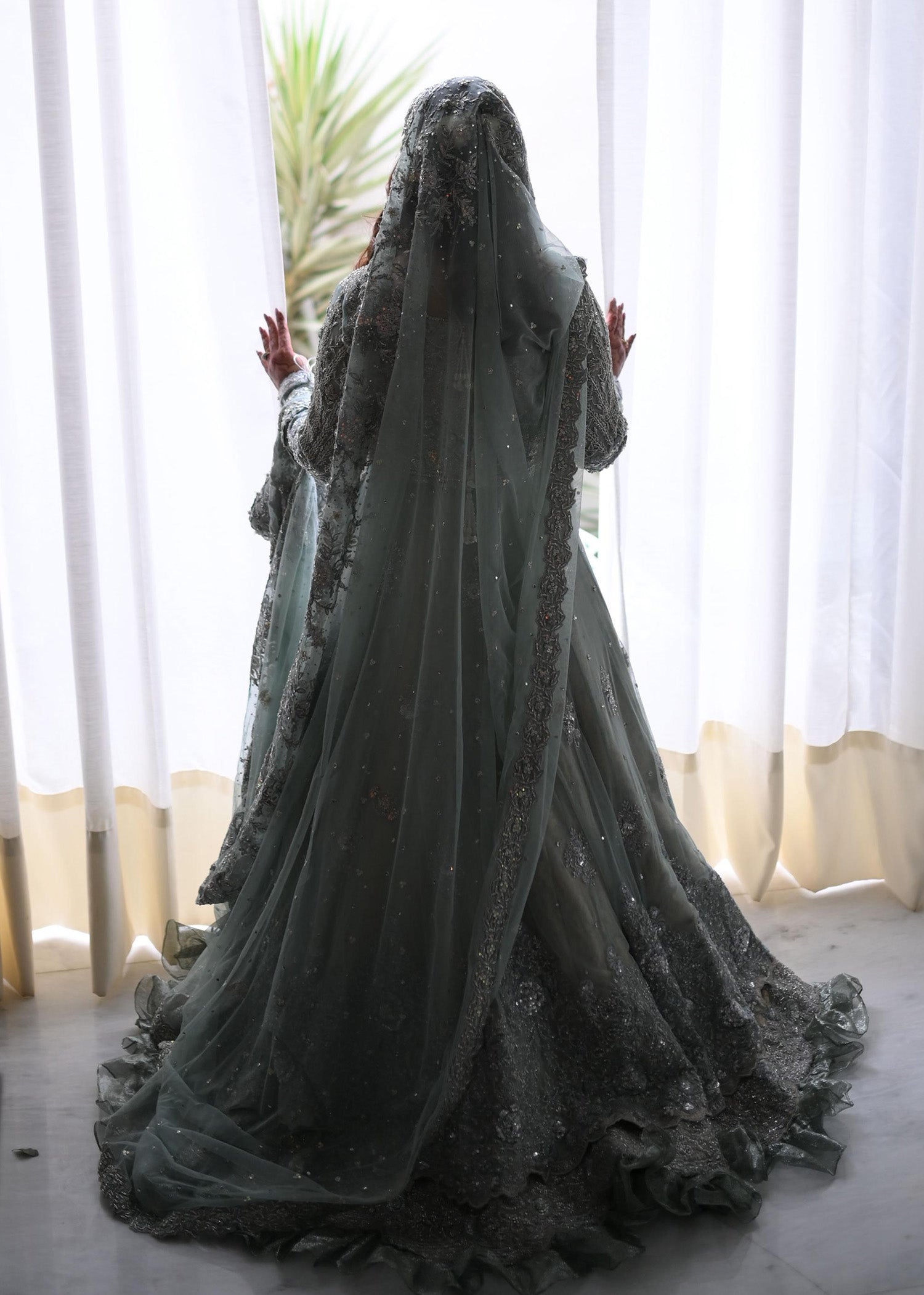 Pakistani Ice Blue Embellished Net Silk Bridal Lehenga (3-Piece) - Image 4