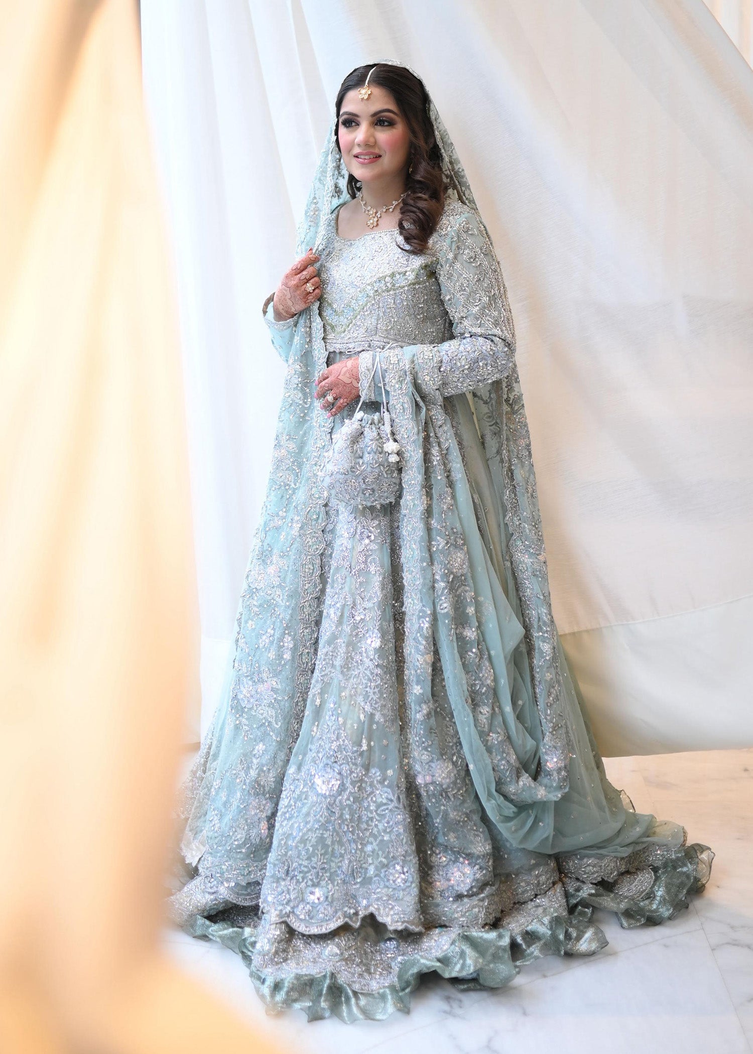 Pakistani Ice Blue Embellished Net Silk Bridal Lehenga (3-Piece) - Image 5