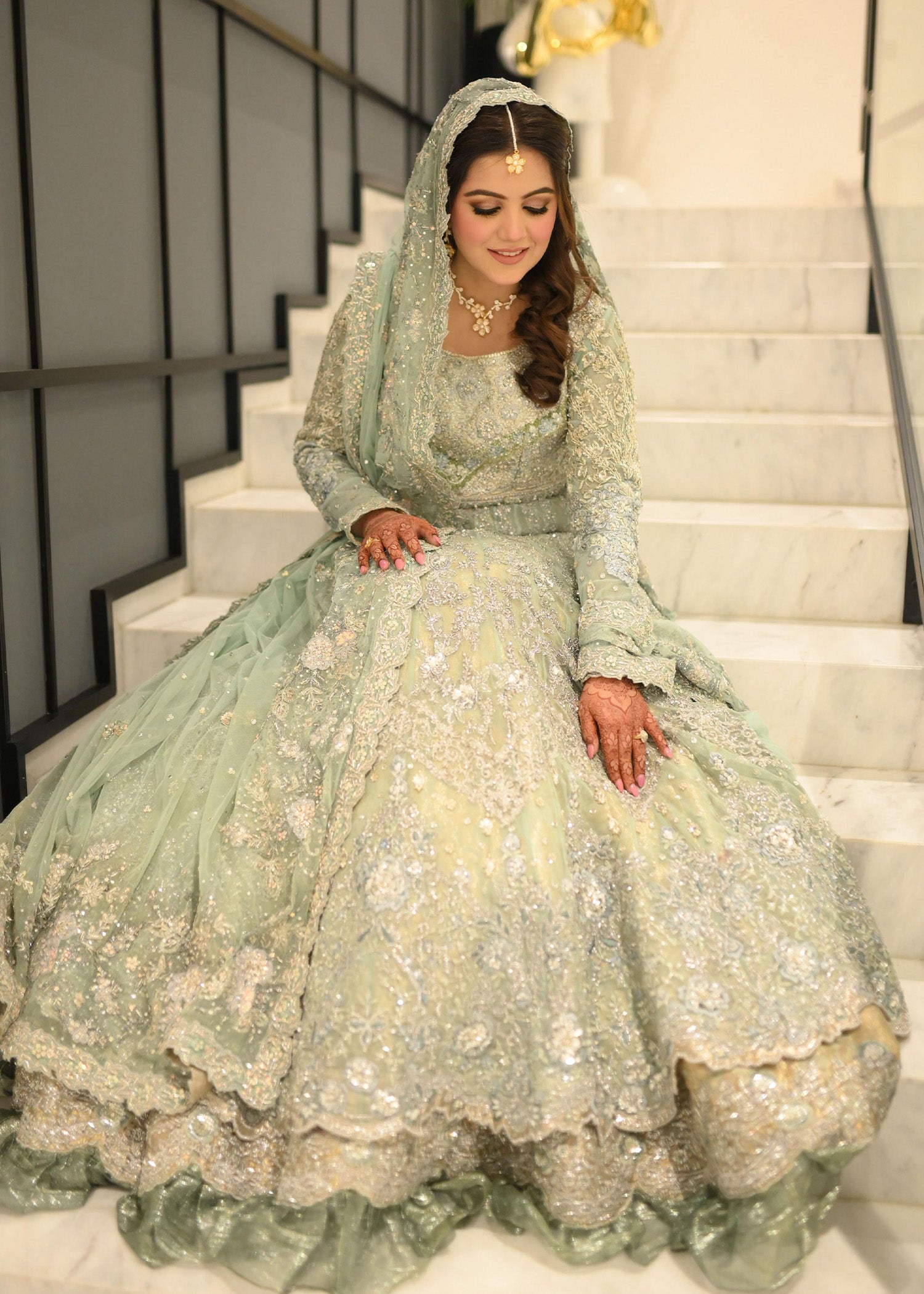 Pakistani Ice Blue Embellished Net Silk Bridal Lehenga (3-Piece) - Image 6