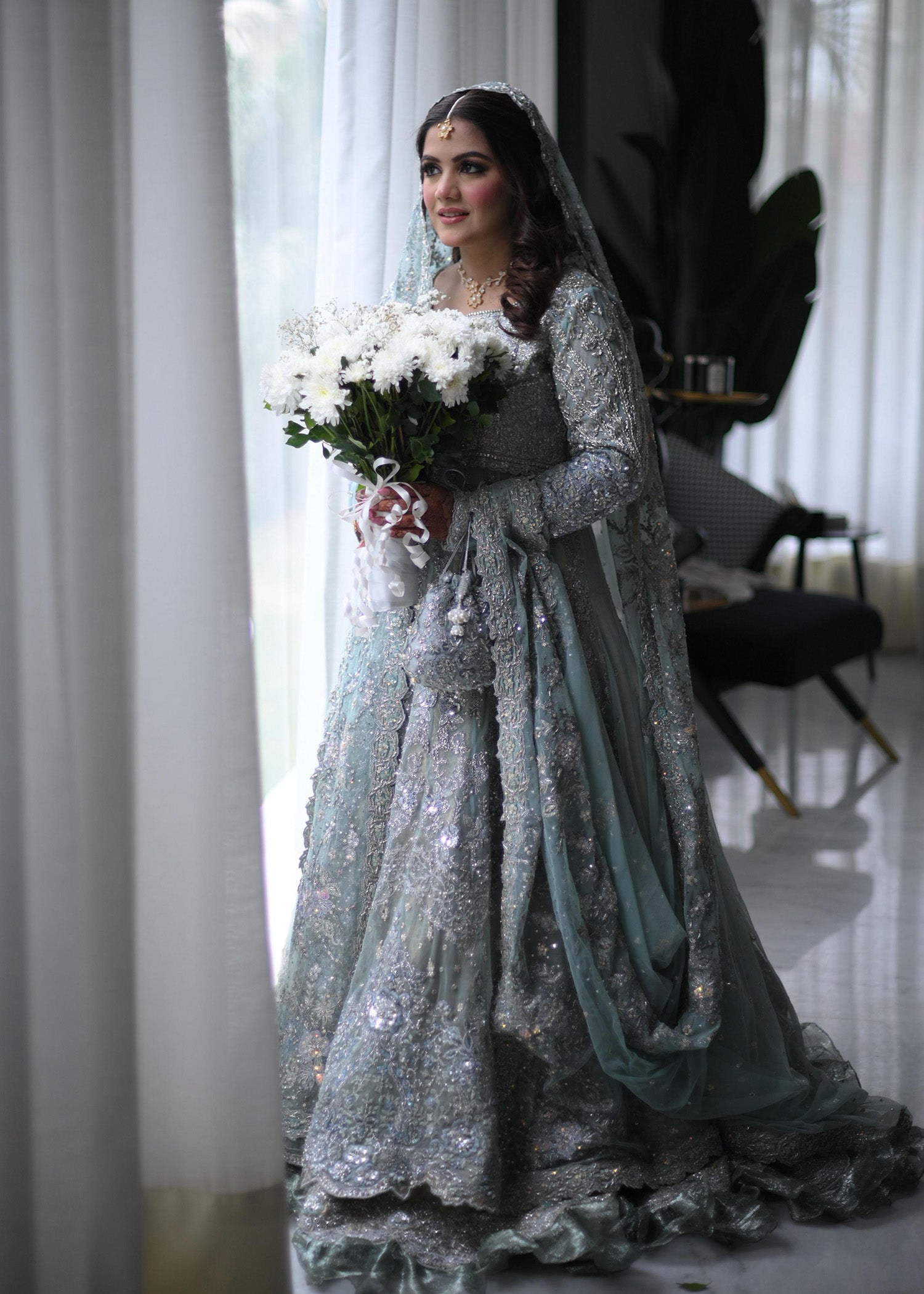 Pakistani Ice Blue Embellished Net Silk Bridal Lehenga (3-Piece) - Image 7