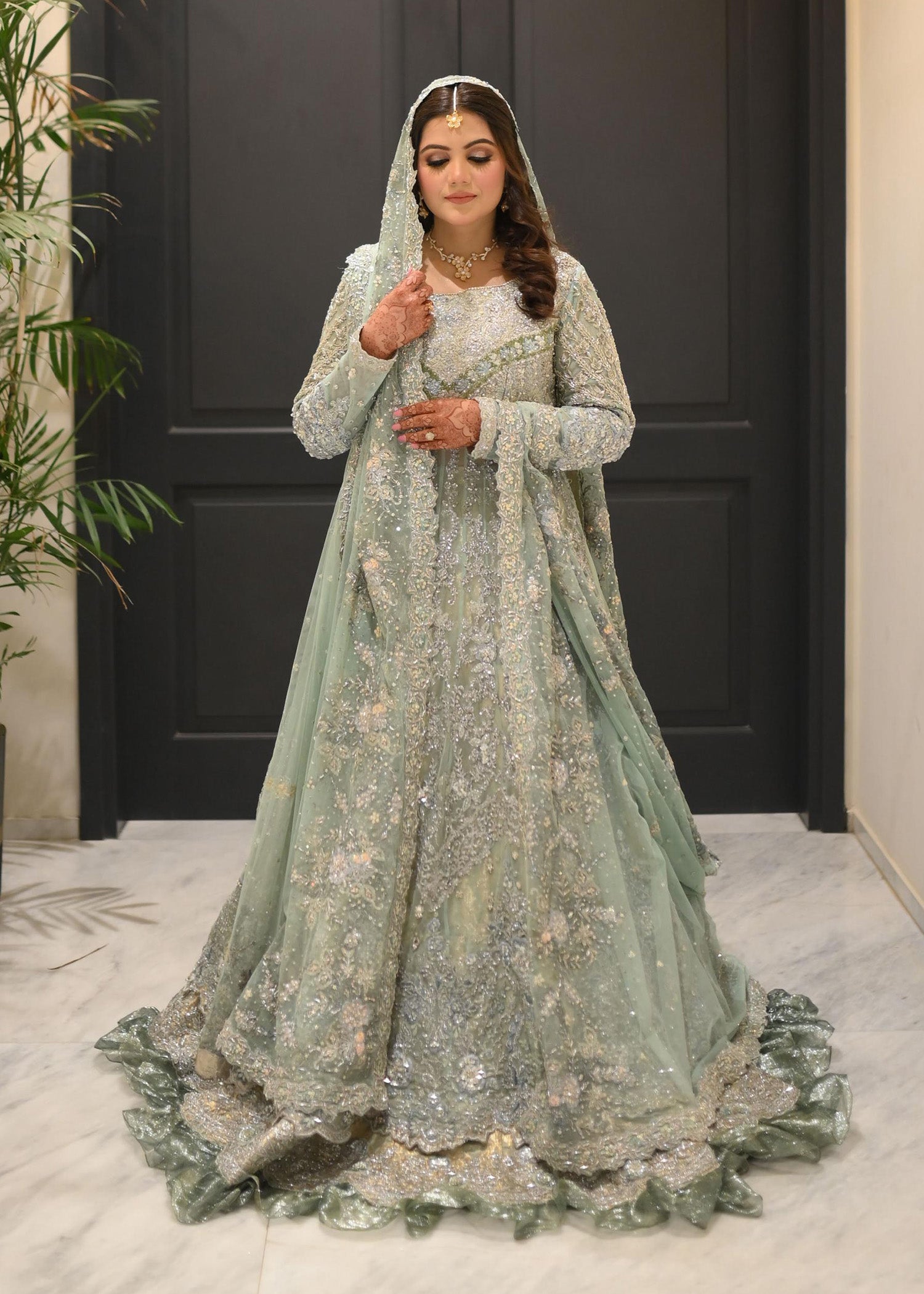 Pakistani Ice Blue Embellished Net Silk Bridal Lehenga (3-Piece) - Image 8