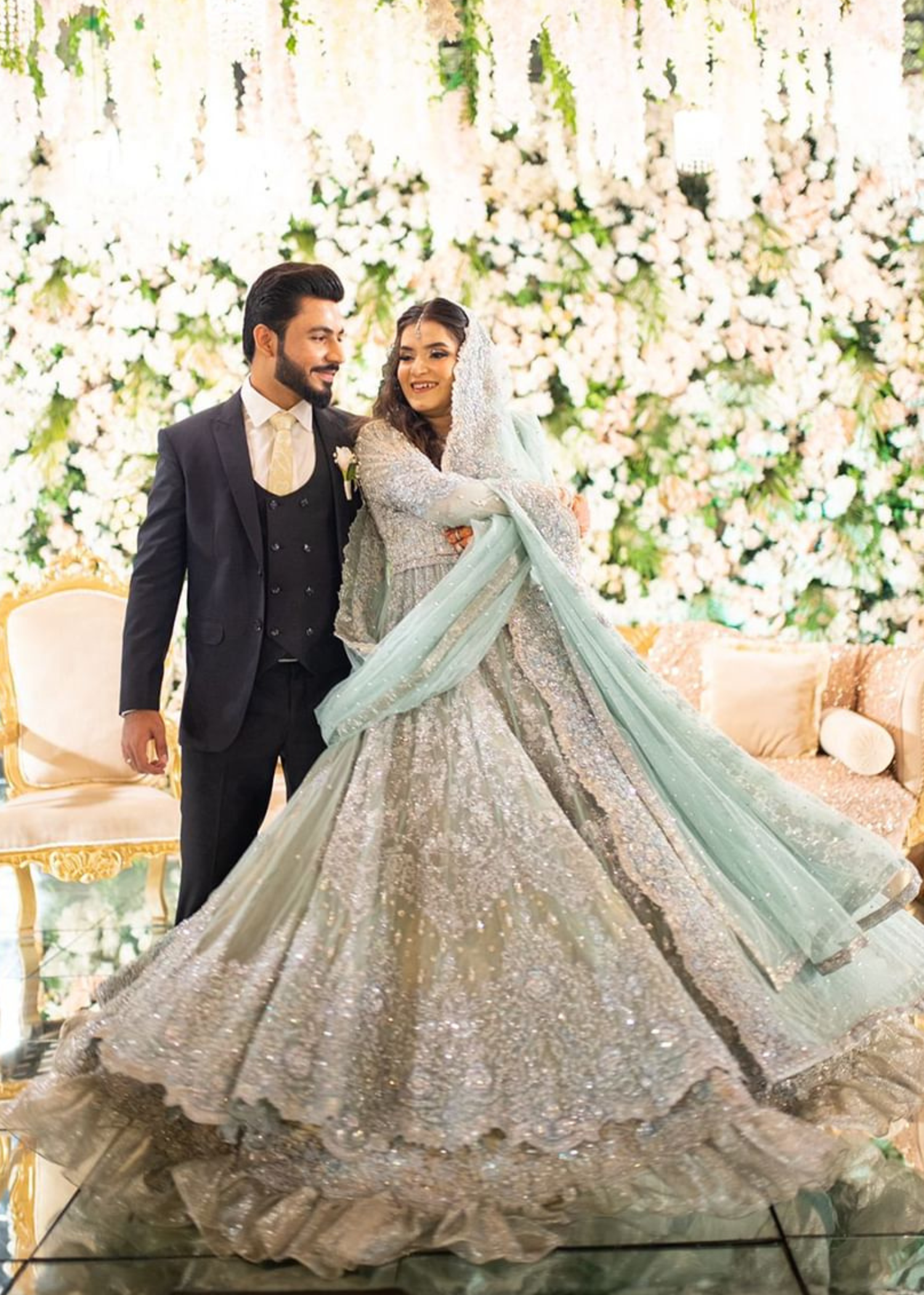 Powder Blue Embellished Net Bridal Lehenga (3-Piece) - Image 1