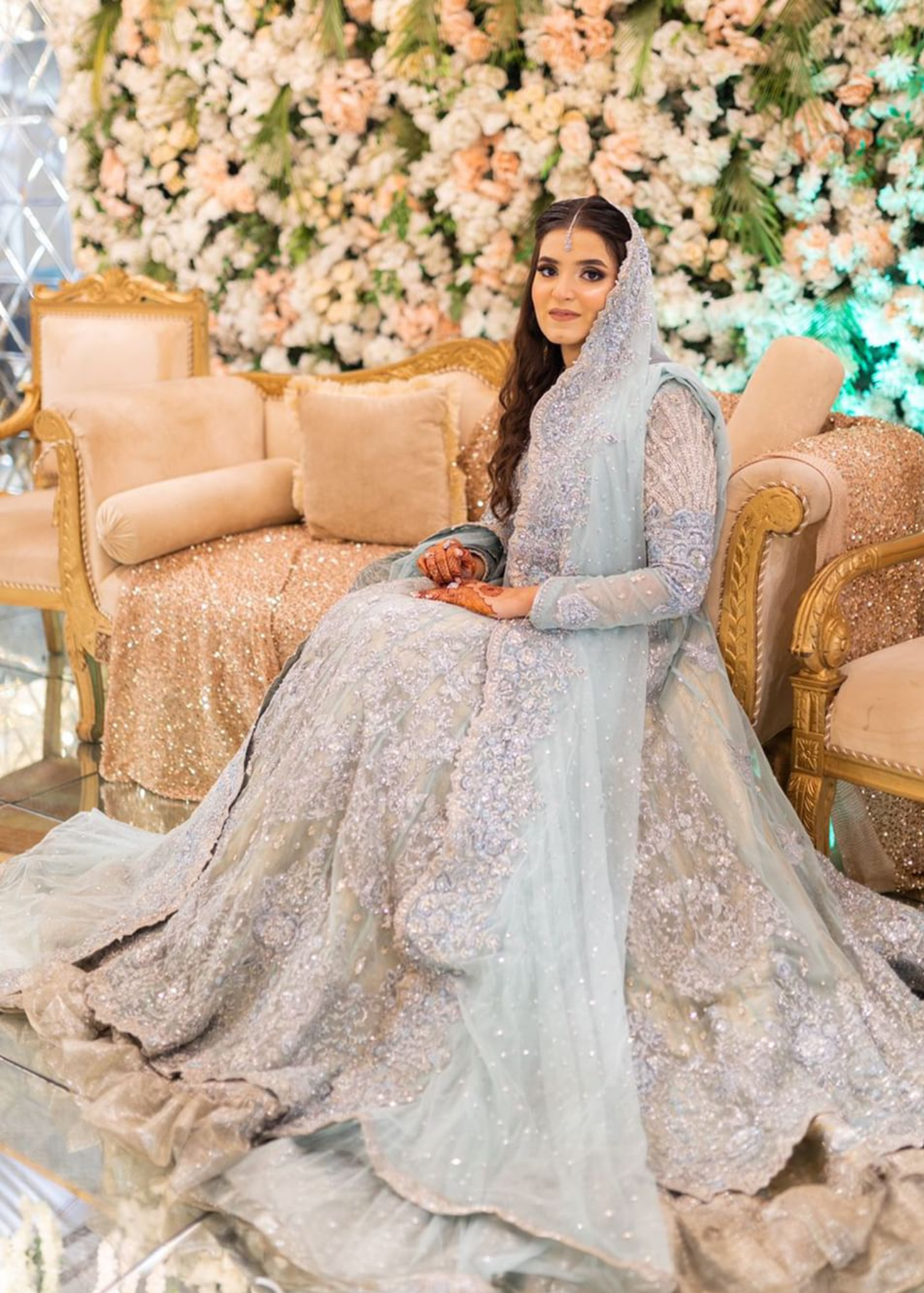 Powder Blue Embellished Net Bridal Lehenga (3-Piece) - Image 3