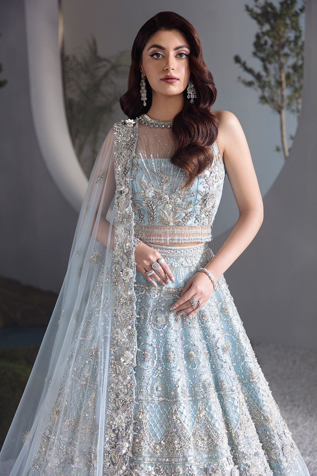 Ice Blue Swarovski Stonework Net Bridal Lehnga Choli (3-Piece) - Image 1