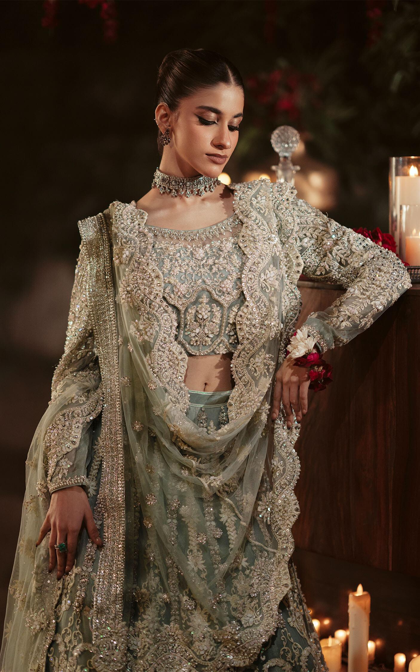 Pakistani Ice Blue Embellished Net Lehnga Choli (3-Piece) - Image 4