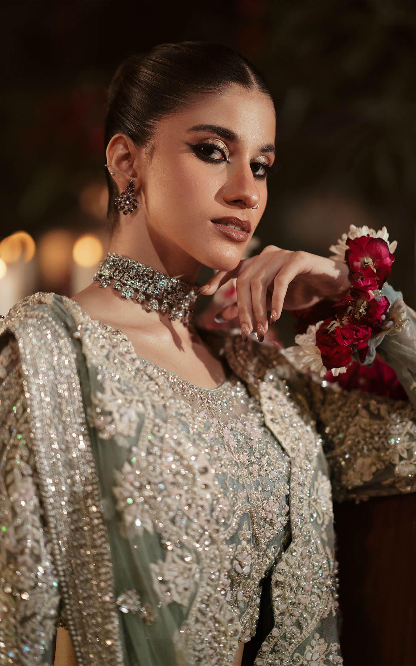 Pakistani Ice Blue Embellished Net Lehnga Choli (3-Piece) - Image 5