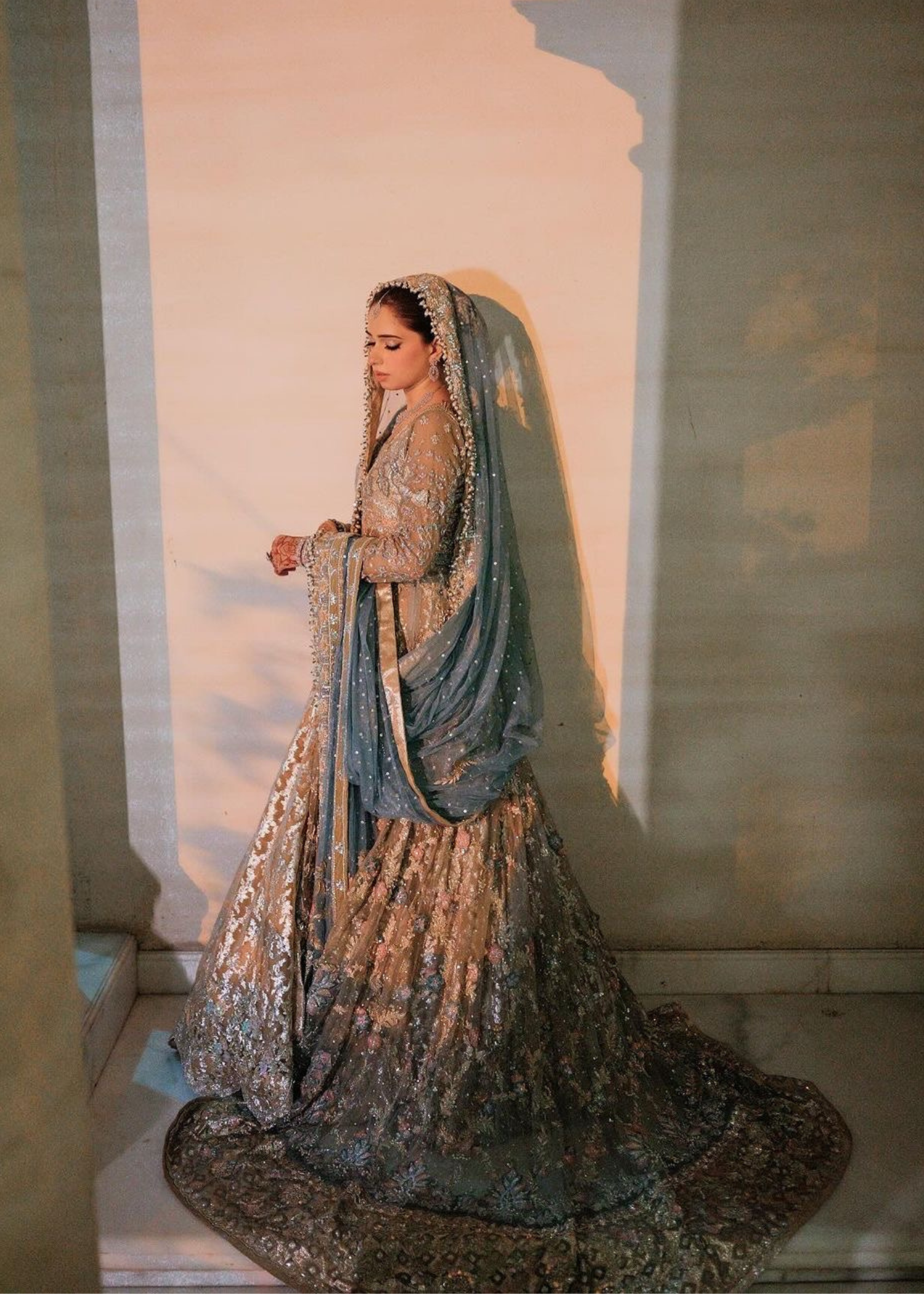 Pakistani Dusty Blue & Champagne Embroidered Net Bridal Lehenga (3-Piece) - Image 1