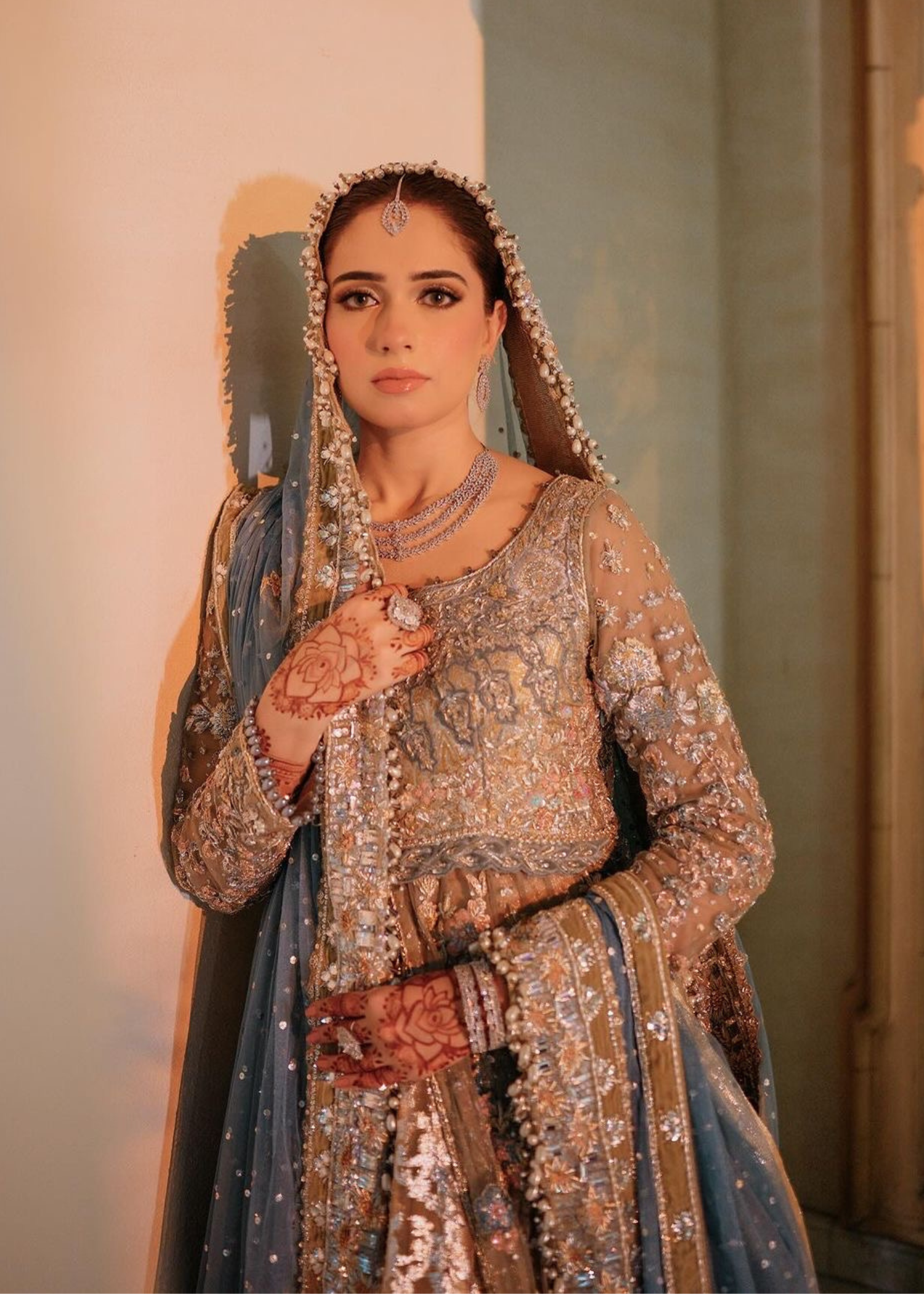 Pakistani Dusty Blue & Champagne Embroidered Net Bridal Lehenga (3-Piece) - Image 2