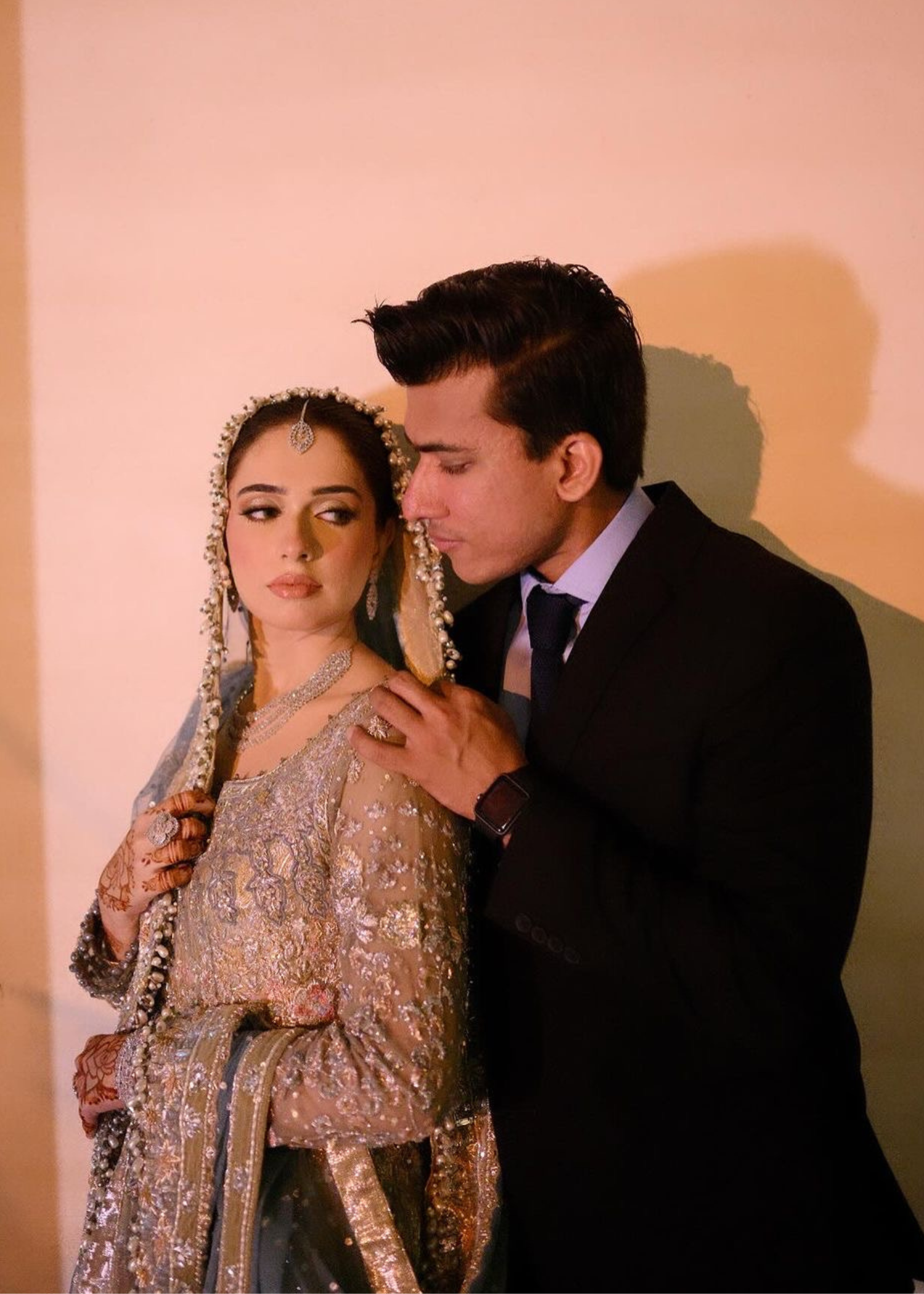 Pakistani Dusty Blue & Champagne Embroidered Net Bridal Lehenga (3-Piece) - Image 3