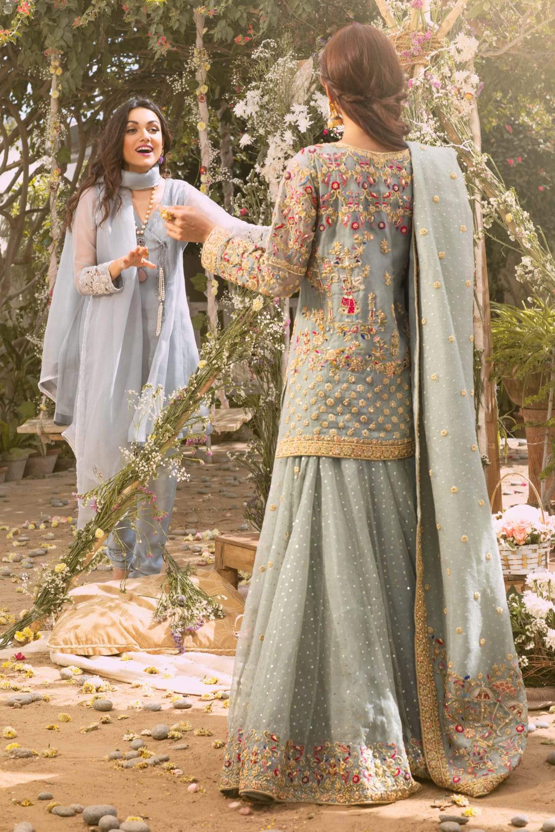 Powder Blue Zardosi Embroidered Net Bridal Lehenga (3-Piece) - Image 1