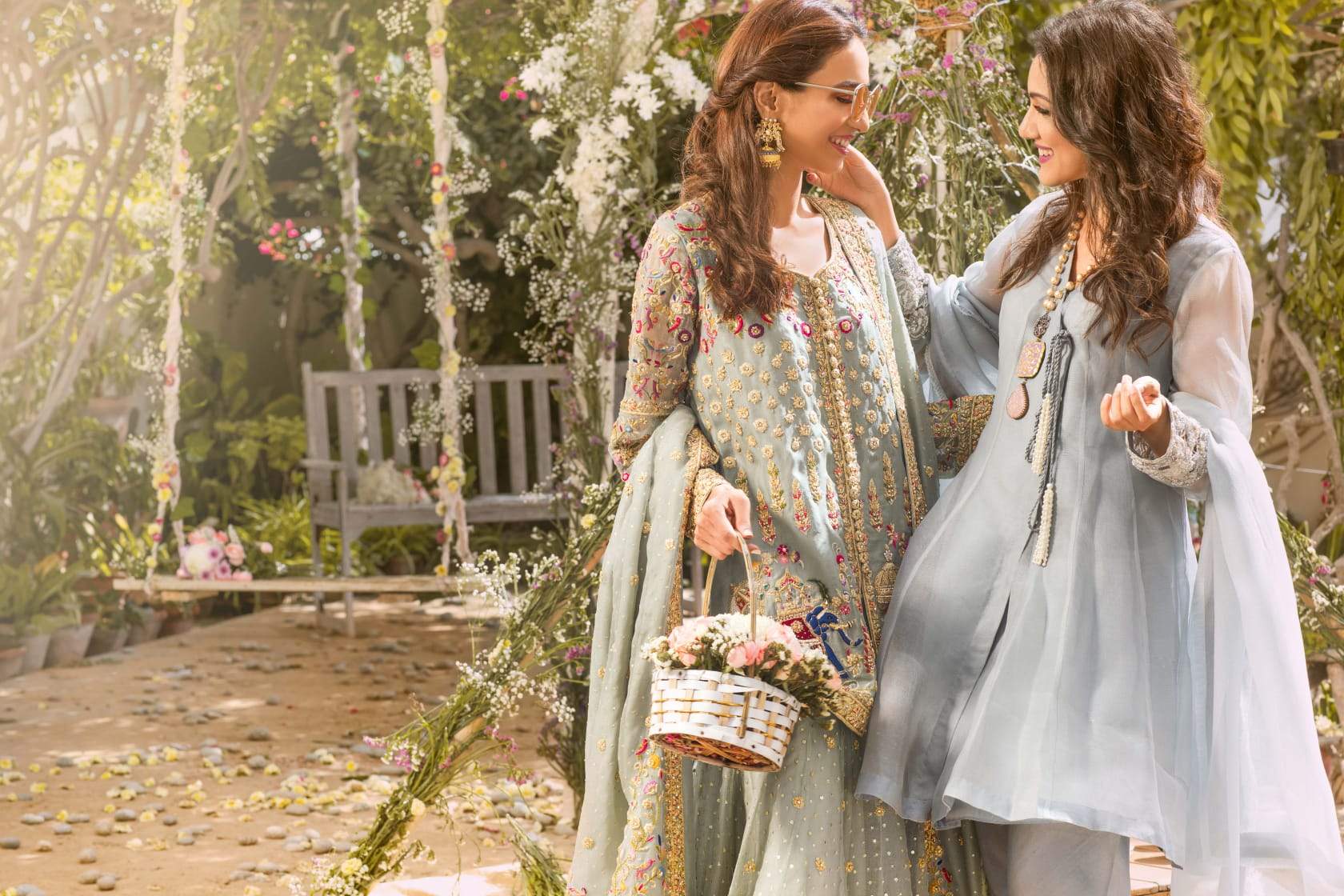 Powder Blue Zardosi Embroidered Net Bridal Lehenga (3-Piece) - Image 2