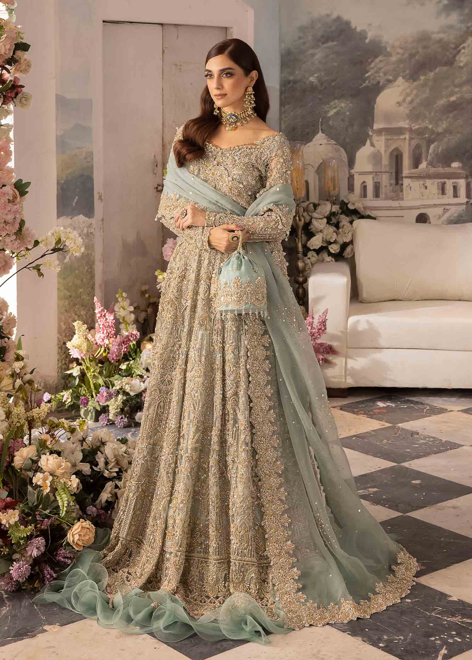 Powder Blue Hand-Embellished Net Bridal Lehenga (3-Piece) - Image 1