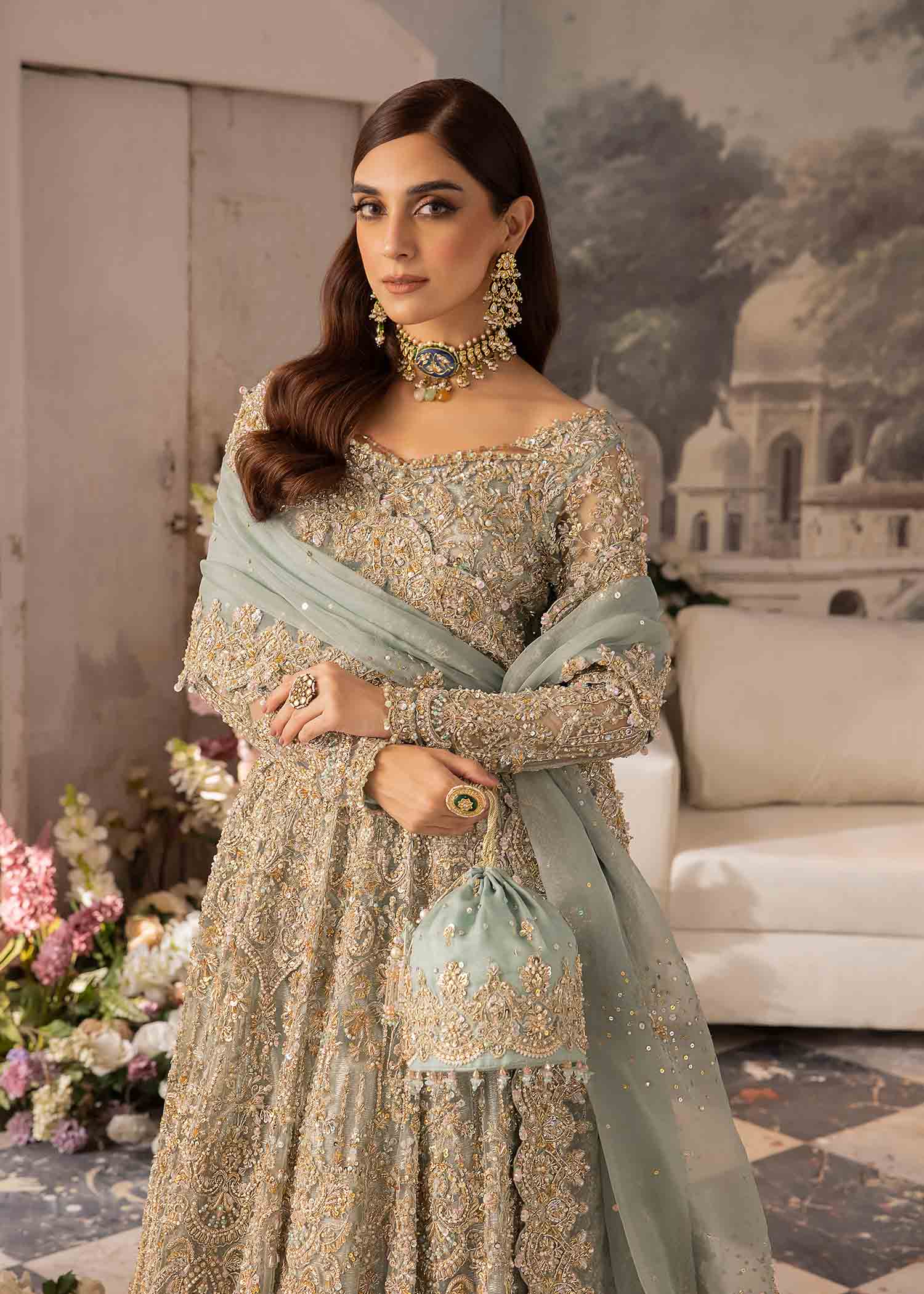 Powder Blue Hand-Embellished Net Bridal Lehenga (3-Piece) - Image 2