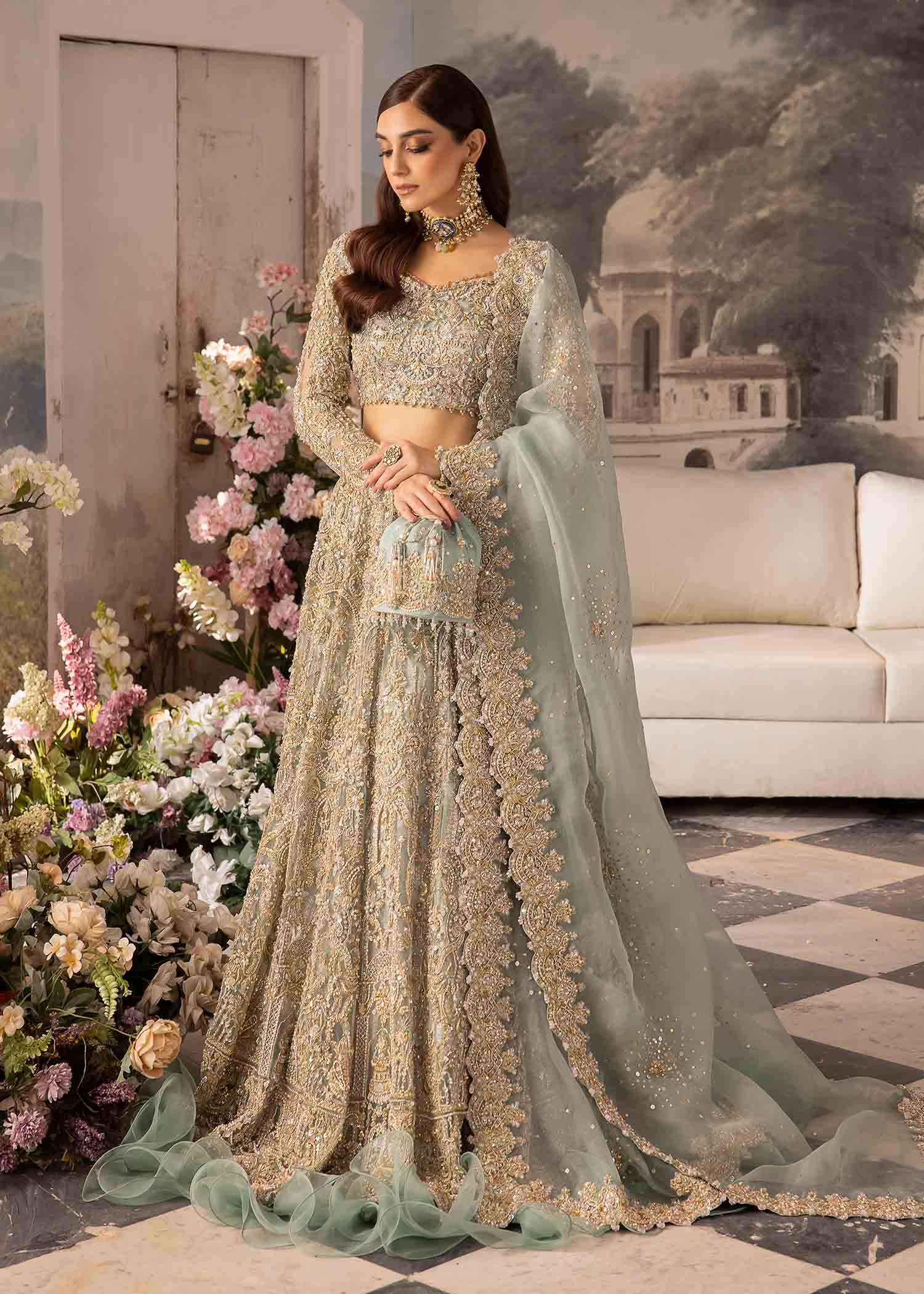 Powder Blue Hand-Embellished Net Bridal Lehenga (3-Piece) - Image 3