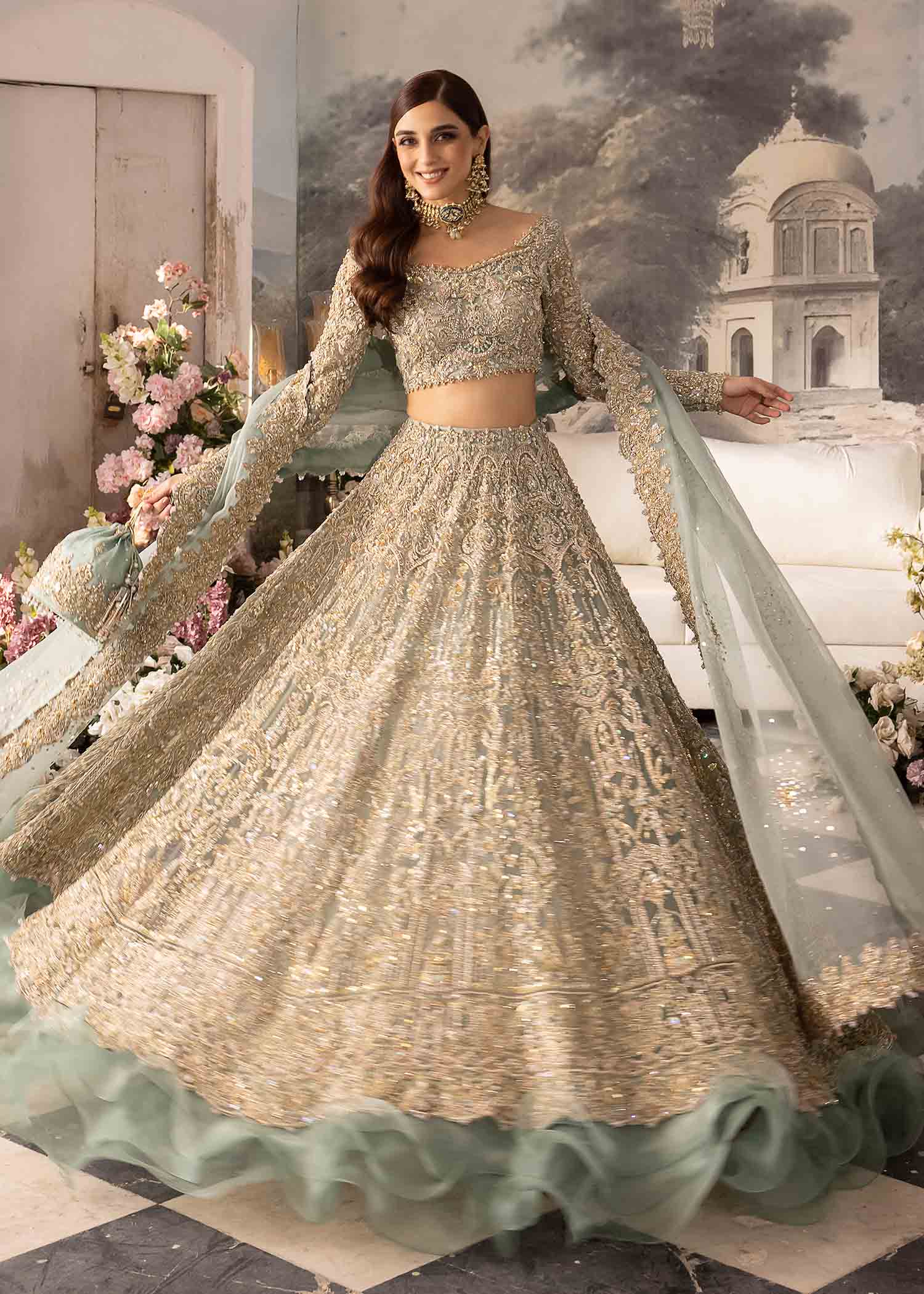 Powder Blue Hand-Embellished Net Bridal Lehenga (3-Piece) - Image 4