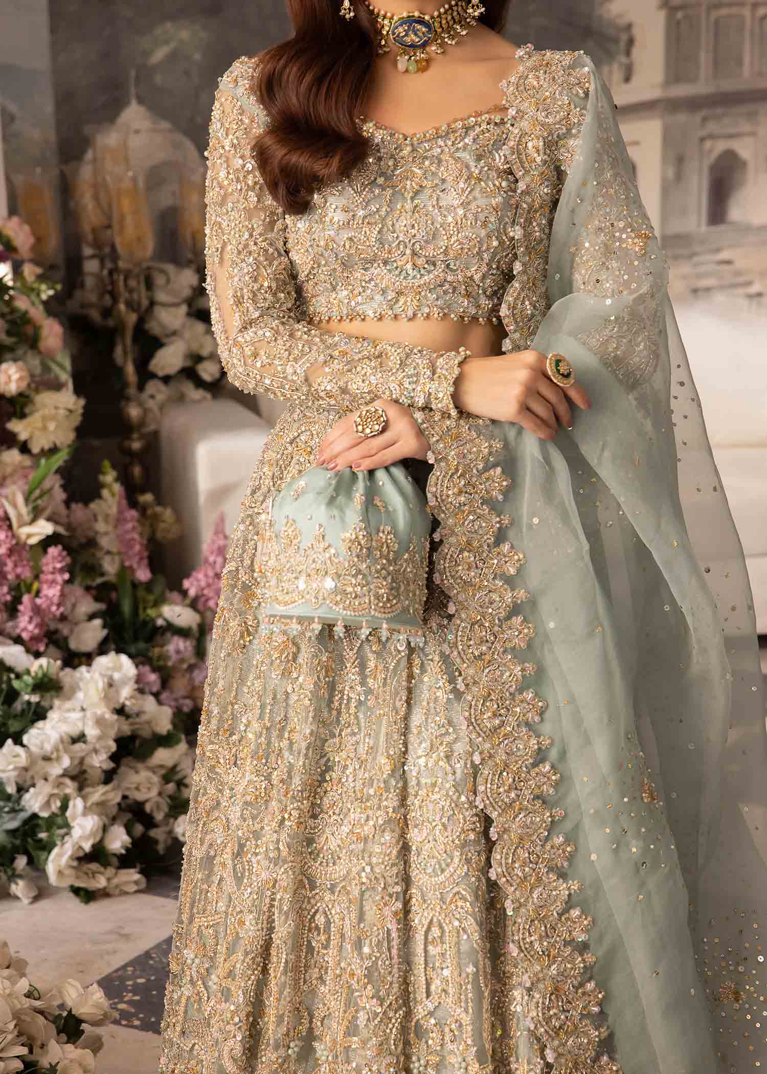 Powder Blue Hand-Embellished Net Bridal Lehenga (3-Piece) - Image 5