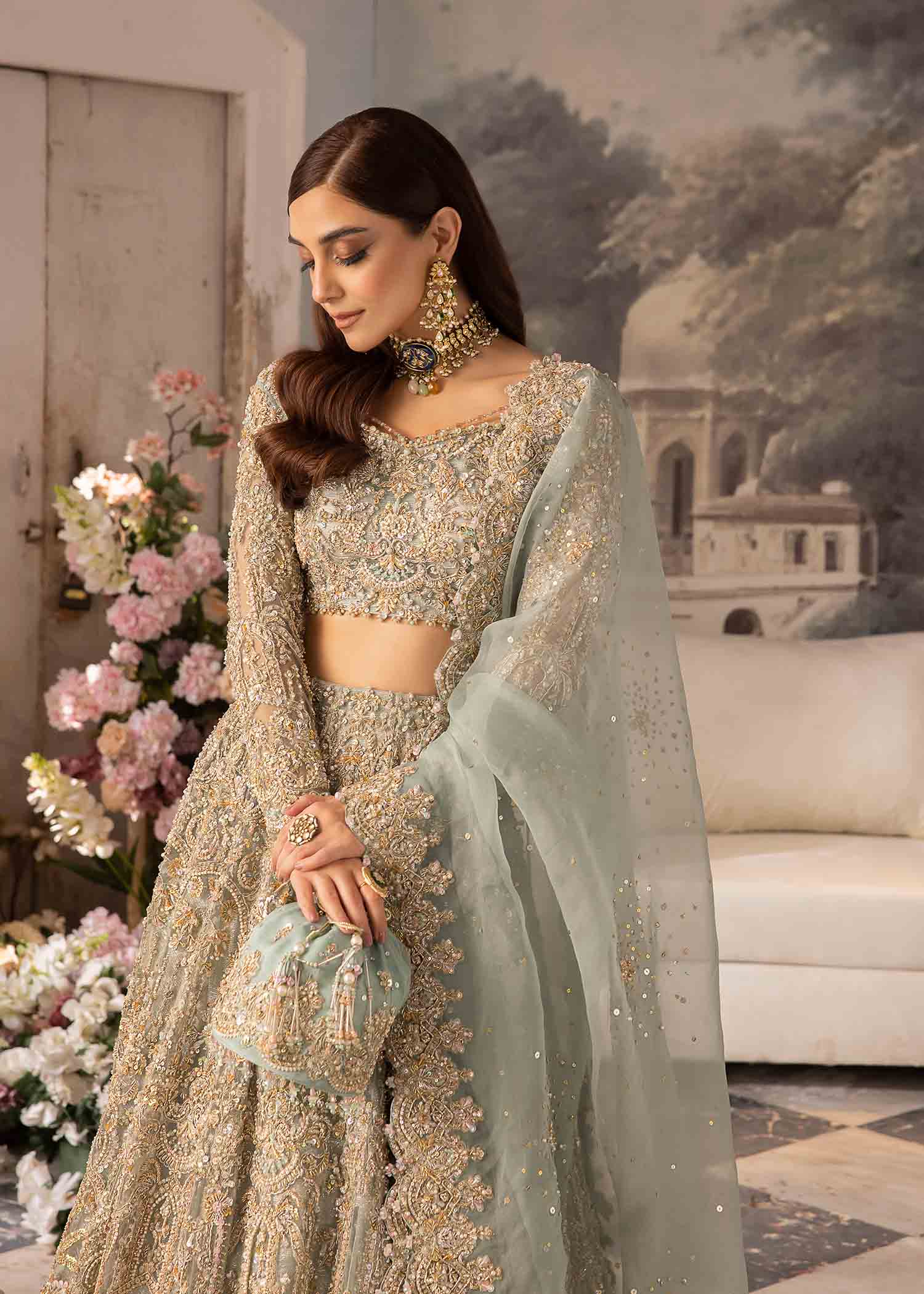 Powder Blue Hand-Embellished Net Bridal Lehenga (3-Piece) - Image 6