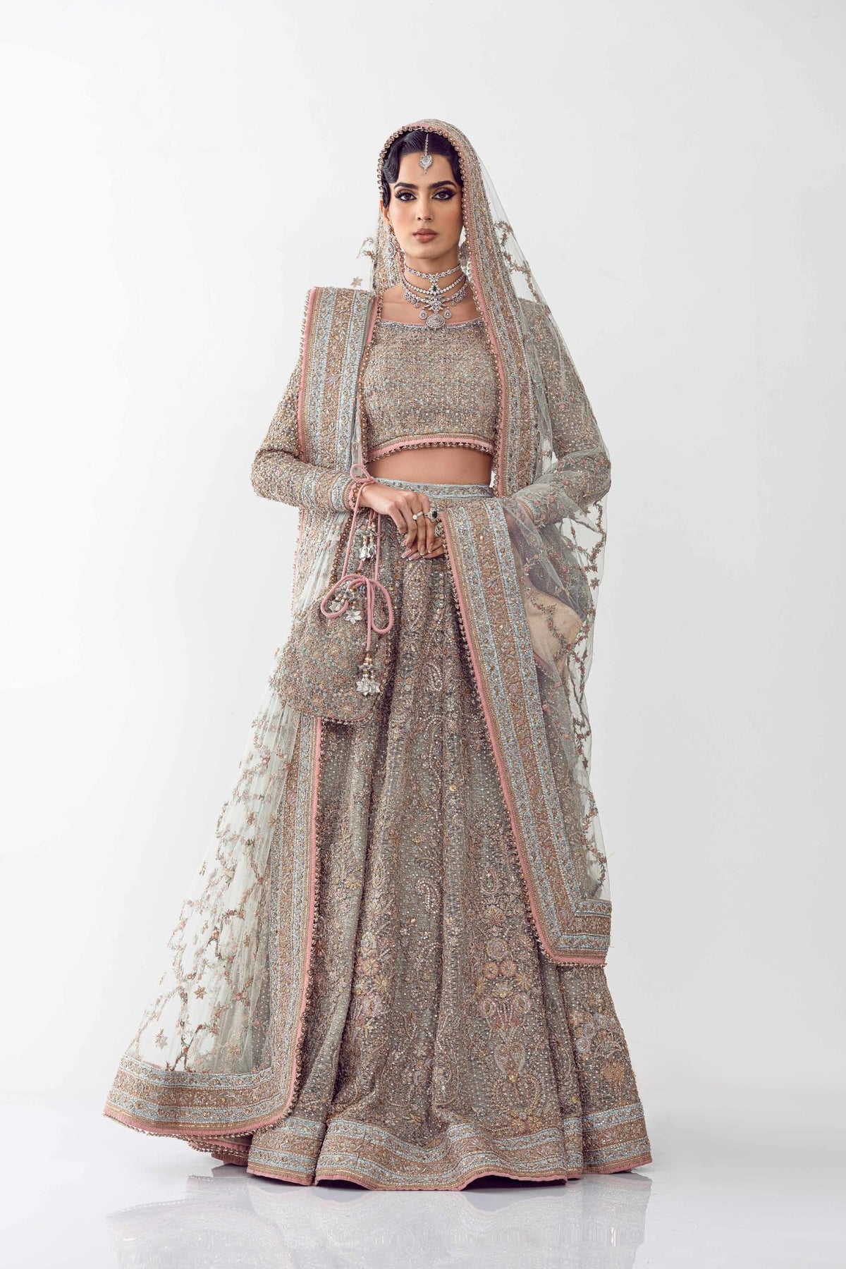 Pakistani Ice Blue Zardozi Net Lehenga Choli (3-Piece) - Image 1