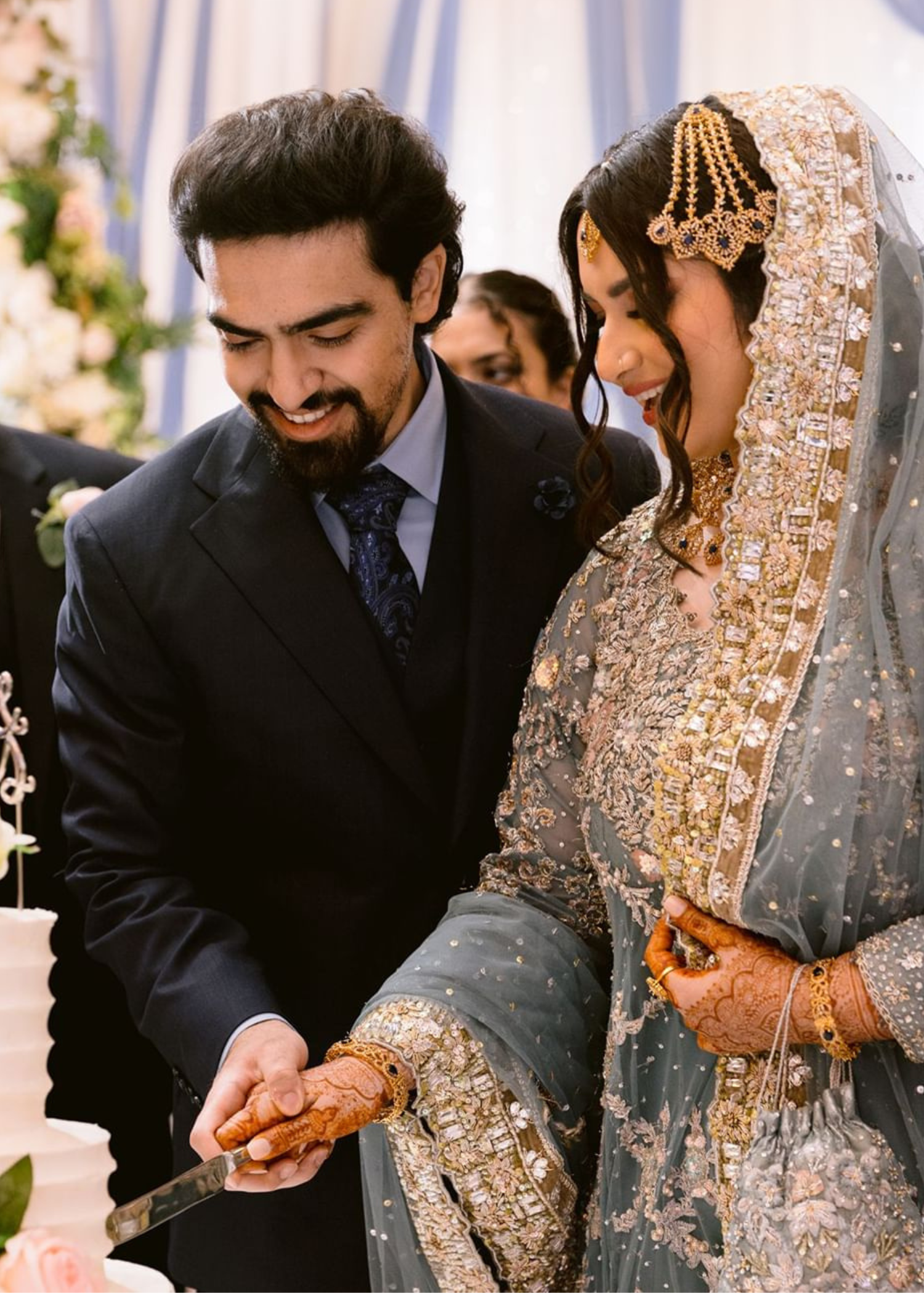 Pakistani Dusty Blue Embroidered Net Bridal Lehenga (3-Piece) - Image 1