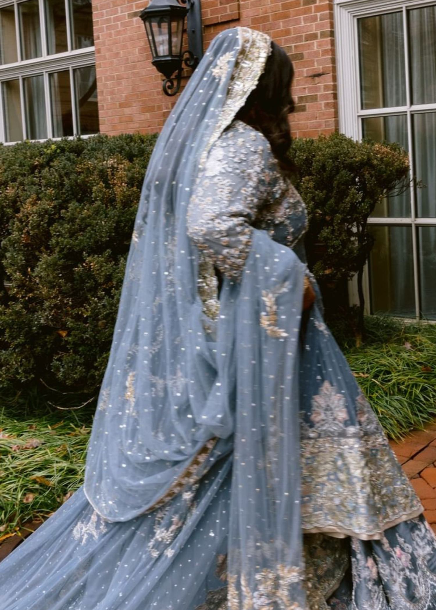 Pakistani Dusty Blue Embroidered Net Bridal Lehenga (3-Piece) - Image 2