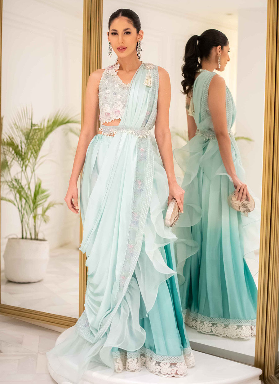 Aqua Hand-Embellished Organza & Silk Lehnga Saree (3-Piece) - Image 1
