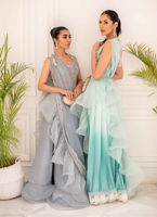Aqua Hand-Embellished Organza & Silk Lehnga Saree (3-Piece) - Image 12