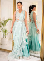 Aqua Hand-Embellished Organza & Silk Lehnga Saree (3-Piece) - Image 2