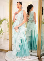 Aqua Hand-Embellished Organza & Silk Lehnga Saree (3-Piece) - Image 3