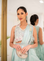 Aqua Hand-Embellished Organza & Silk Lehnga Saree (3-Piece) - Image 4