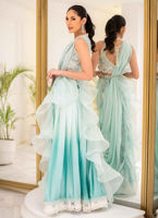 Aqua Hand-Embellished Organza & Silk Lehnga Saree (3-Piece) - Image 5