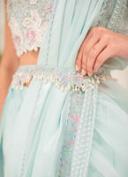 Aqua Hand-Embellished Organza & Silk Lehnga Saree (3-Piece) - Image 6