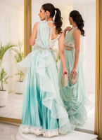 Aqua Hand-Embellished Organza & Silk Lehnga Saree (3-Piece) - Image 7