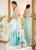 Aqua Hand-Embellished Organza & Silk Lehnga Saree (3-Piece) - Image 8