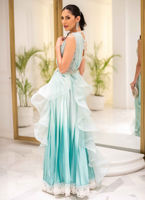 Aqua Hand-Embellished Organza & Silk Lehnga Saree (3-Piece) - Image 9