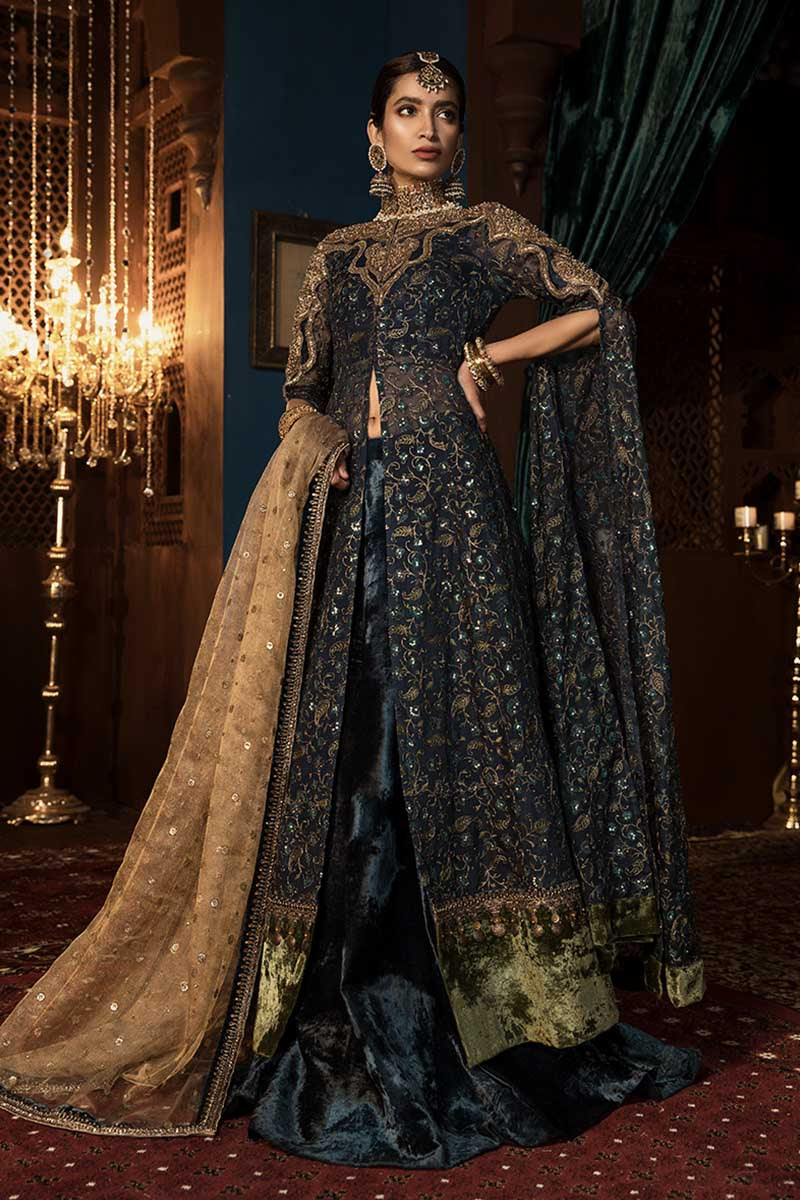 Pakistani Deep Blue Embroidered Silk & Velvet Lehenga (4-Piece) - Image 2