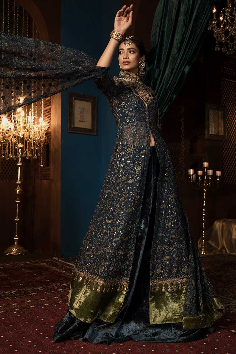 Pakistani Deep Blue Embroidered Silk & Velvet Lehenga (4-Piece) - Image 4