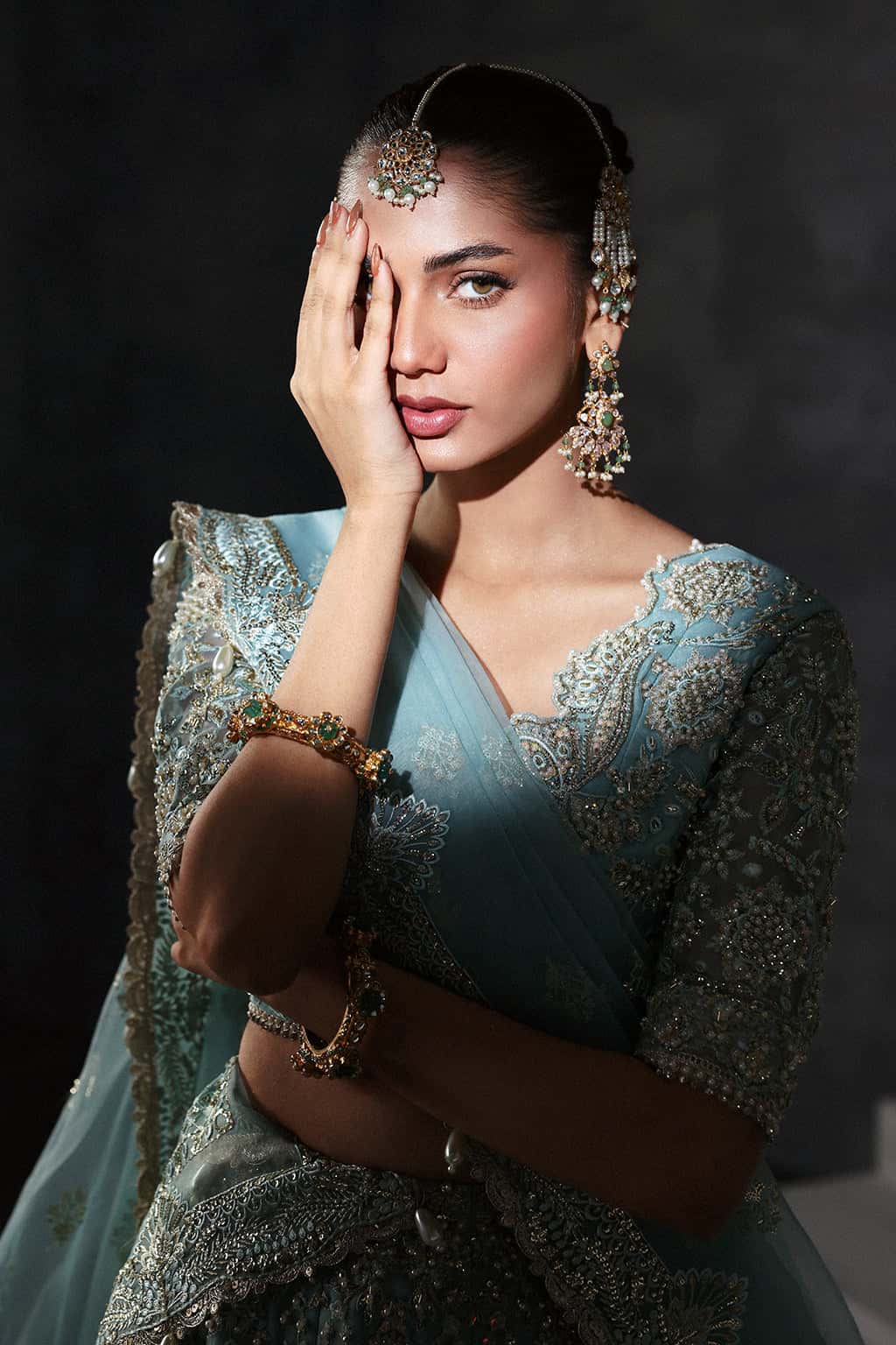 Pakistani Turquoise Hand-Embellished Organza Lehenga Choli (3-Piece) - Image 8