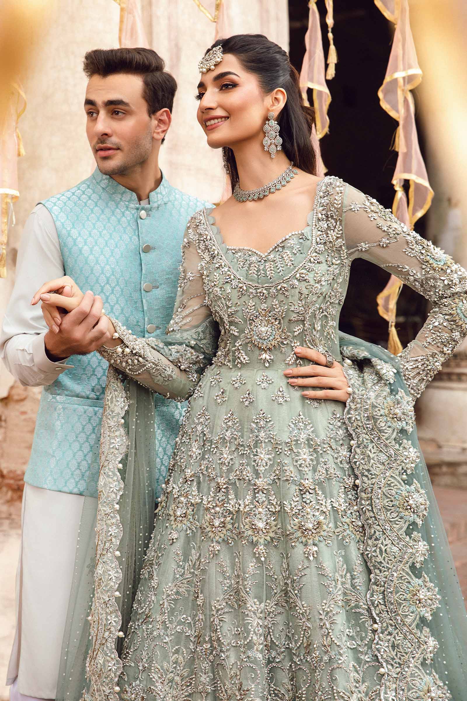 Aqua Embellished Organza Frock with Kamkhwab Lehenga (3-Piece) - Image 2