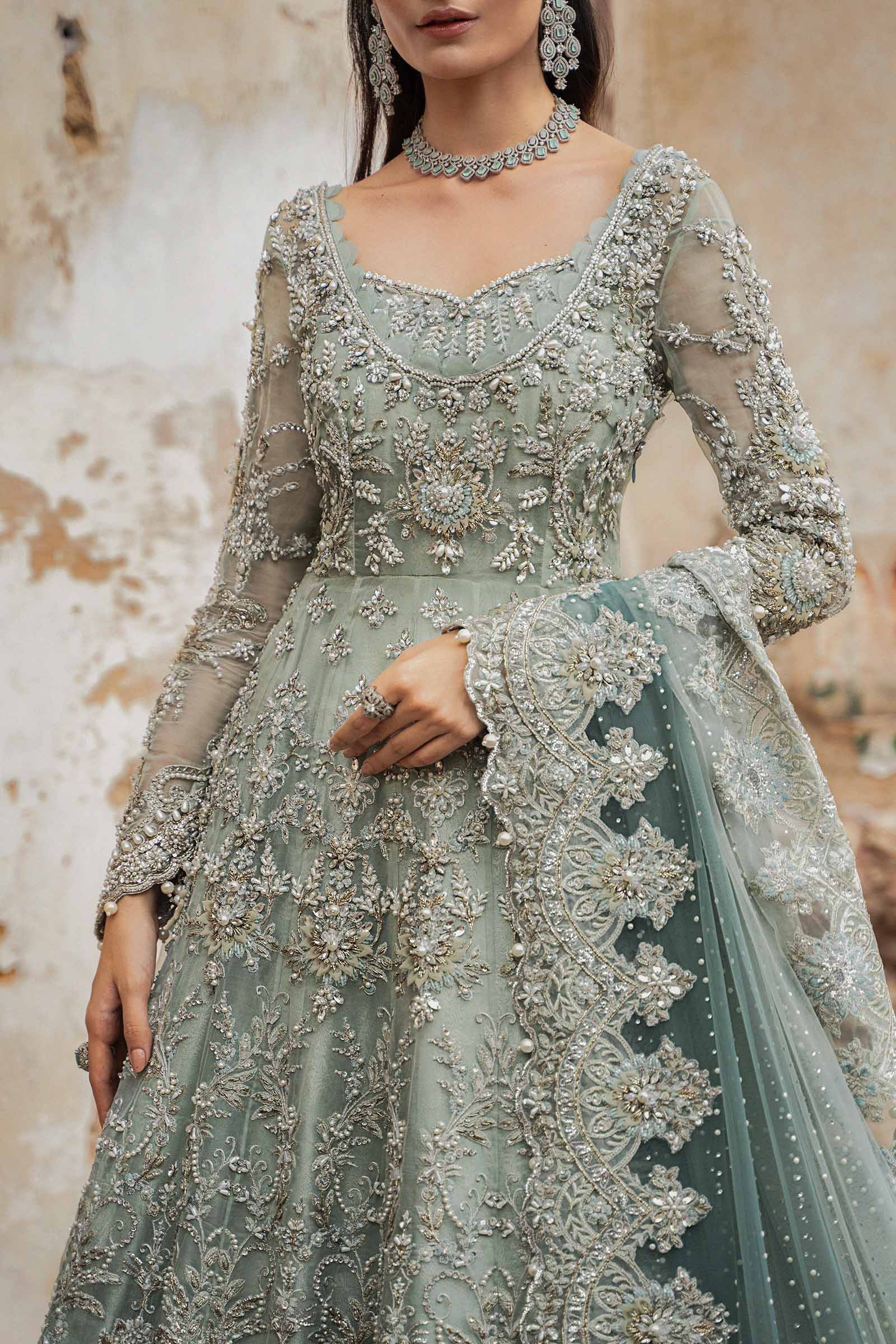 Aqua Embellished Organza Frock with Kamkhwab Lehenga (3-Piece) - Image 3