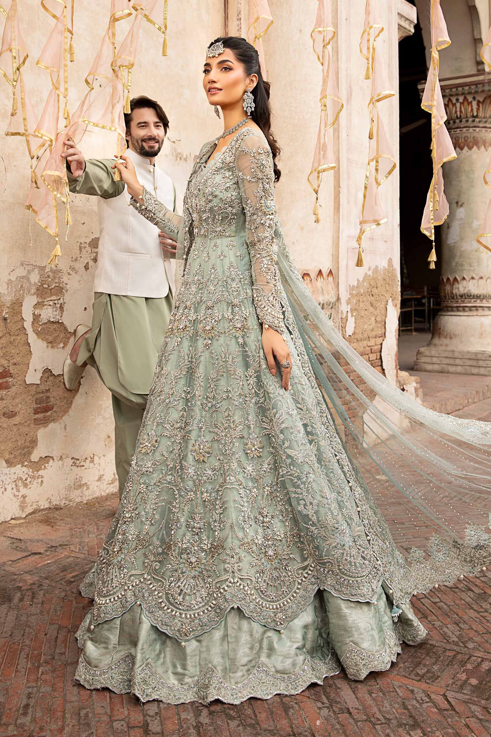 Aqua Embellished Organza Frock with Kamkhwab Lehenga (3-Piece) - Image 4