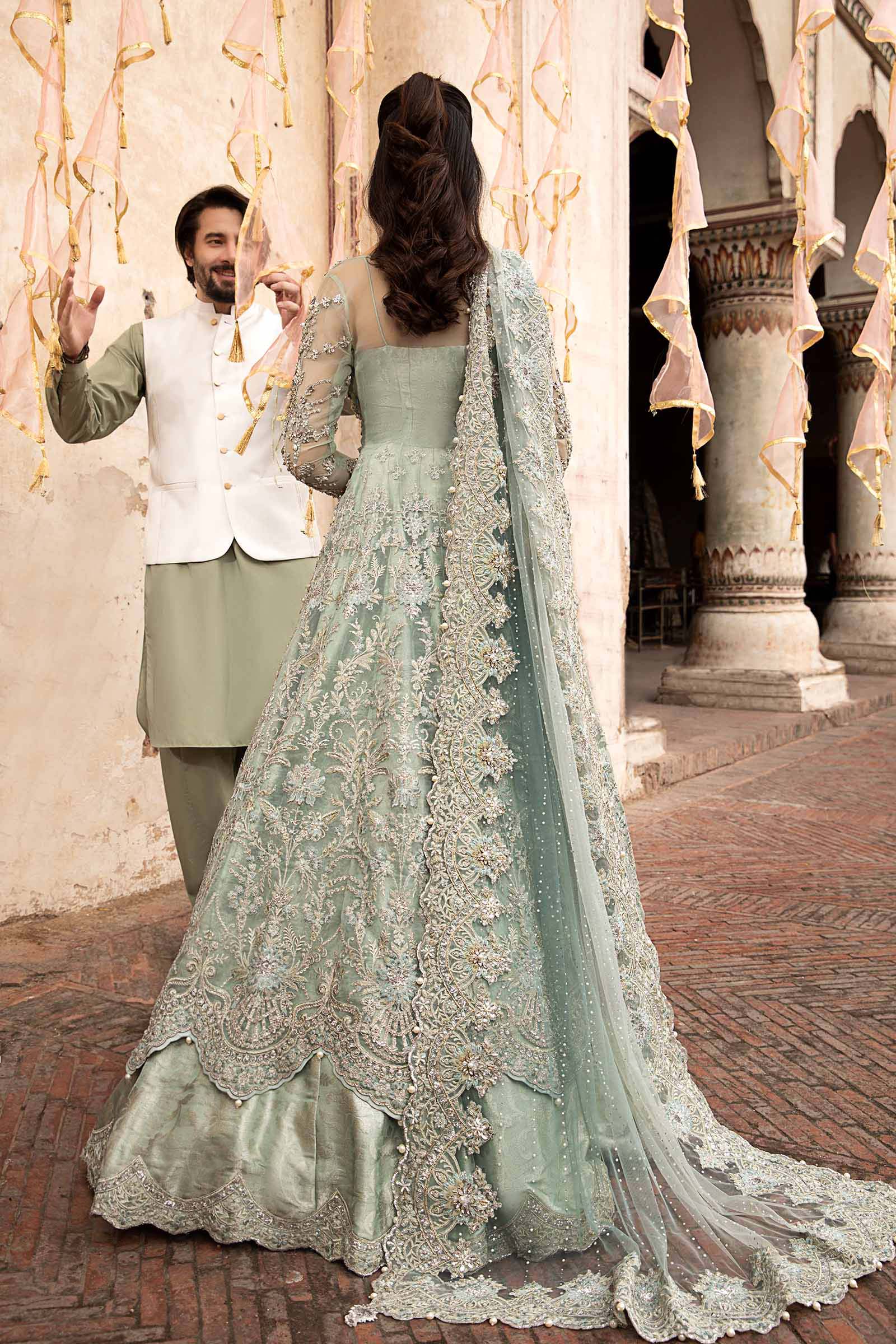 Aqua Embellished Organza Frock with Kamkhwab Lehenga (3-Piece) - Image 5