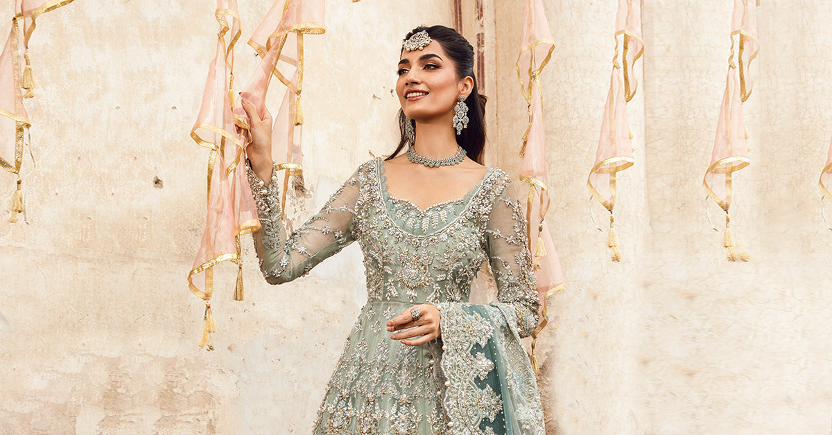 Aqua Embellished Organza Frock with Kamkhwab Lehenga (3-Piece) - Image 6