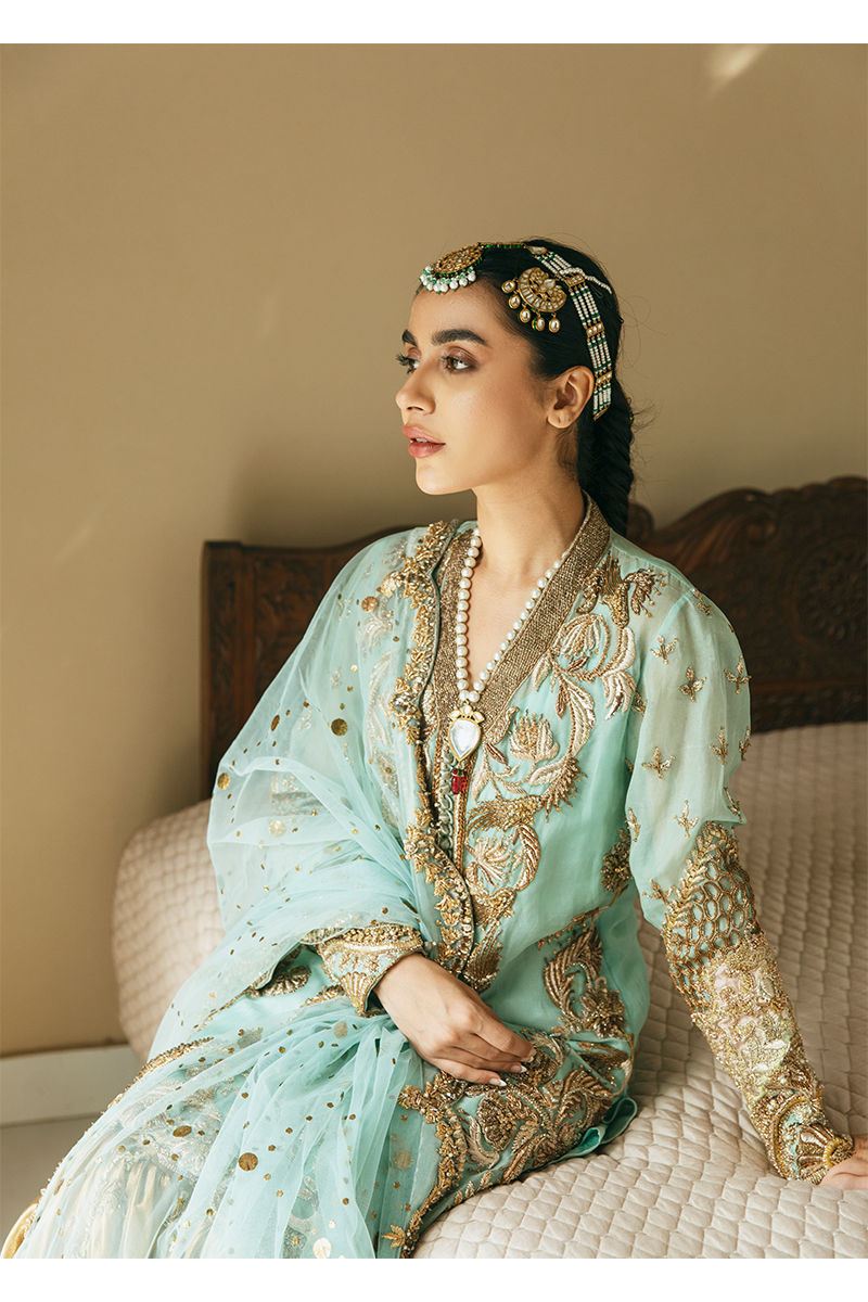 Ice Blue Embroidered Organza Bridal Lehenga (3-Piece) - Image 11