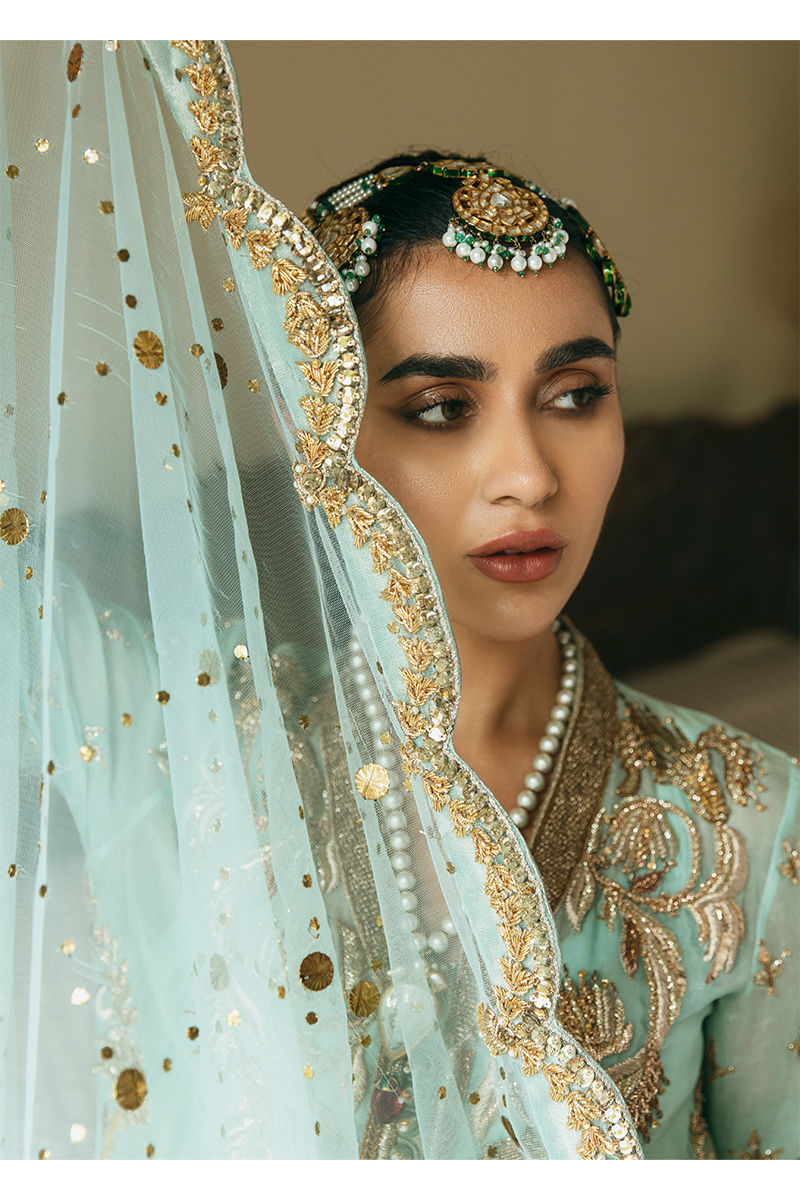 Ice Blue Embroidered Organza Bridal Lehenga (3-Piece) - Image 13