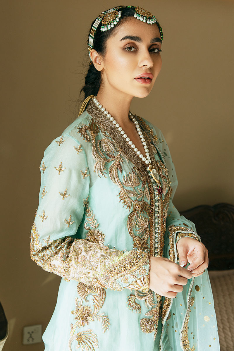 Ice Blue Embroidered Organza Bridal Lehenga (3-Piece) - Image 7