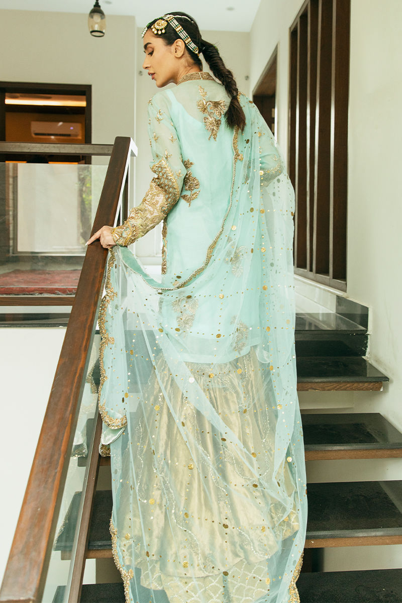 Ice Blue Embroidered Organza Bridal Lehenga (3-Piece) - Image 8