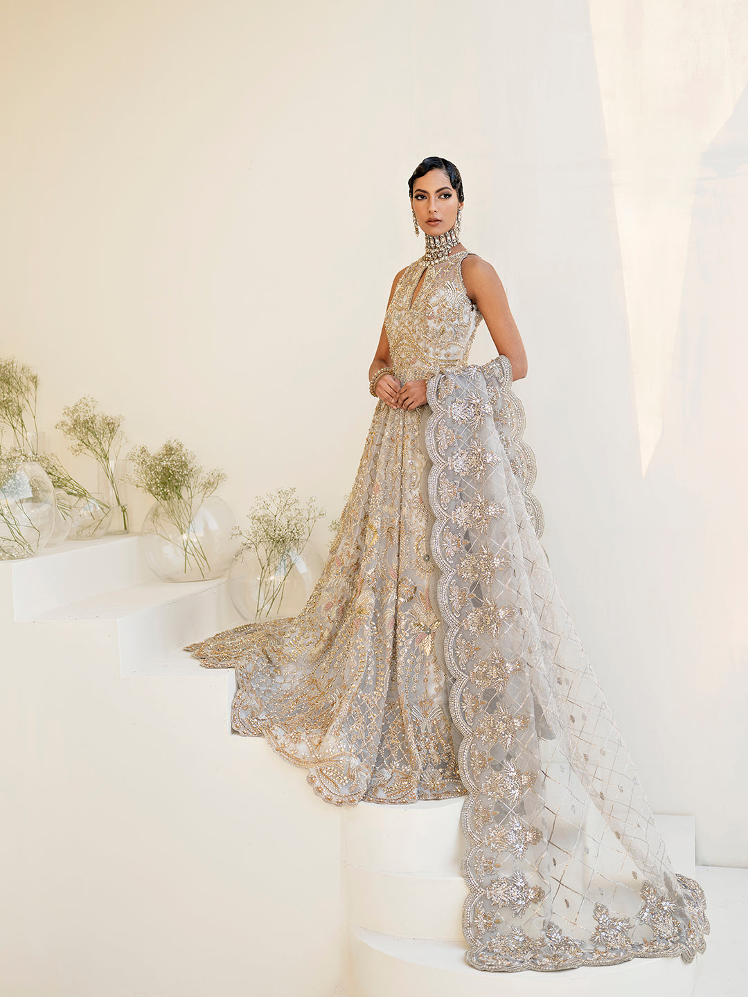 Pakistani Ice Blue Embroidered Organza Peshwas Lehenga (3-Piece) - Image 1