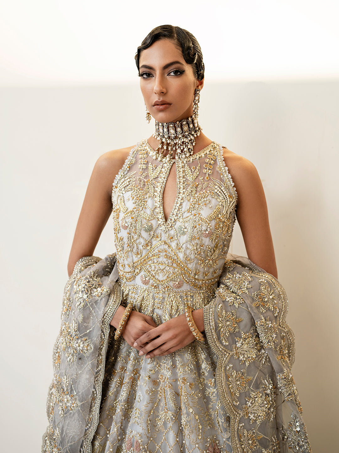 Pakistani Ice Blue Embroidered Organza Peshwas Lehenga (3-Piece) - Image 2