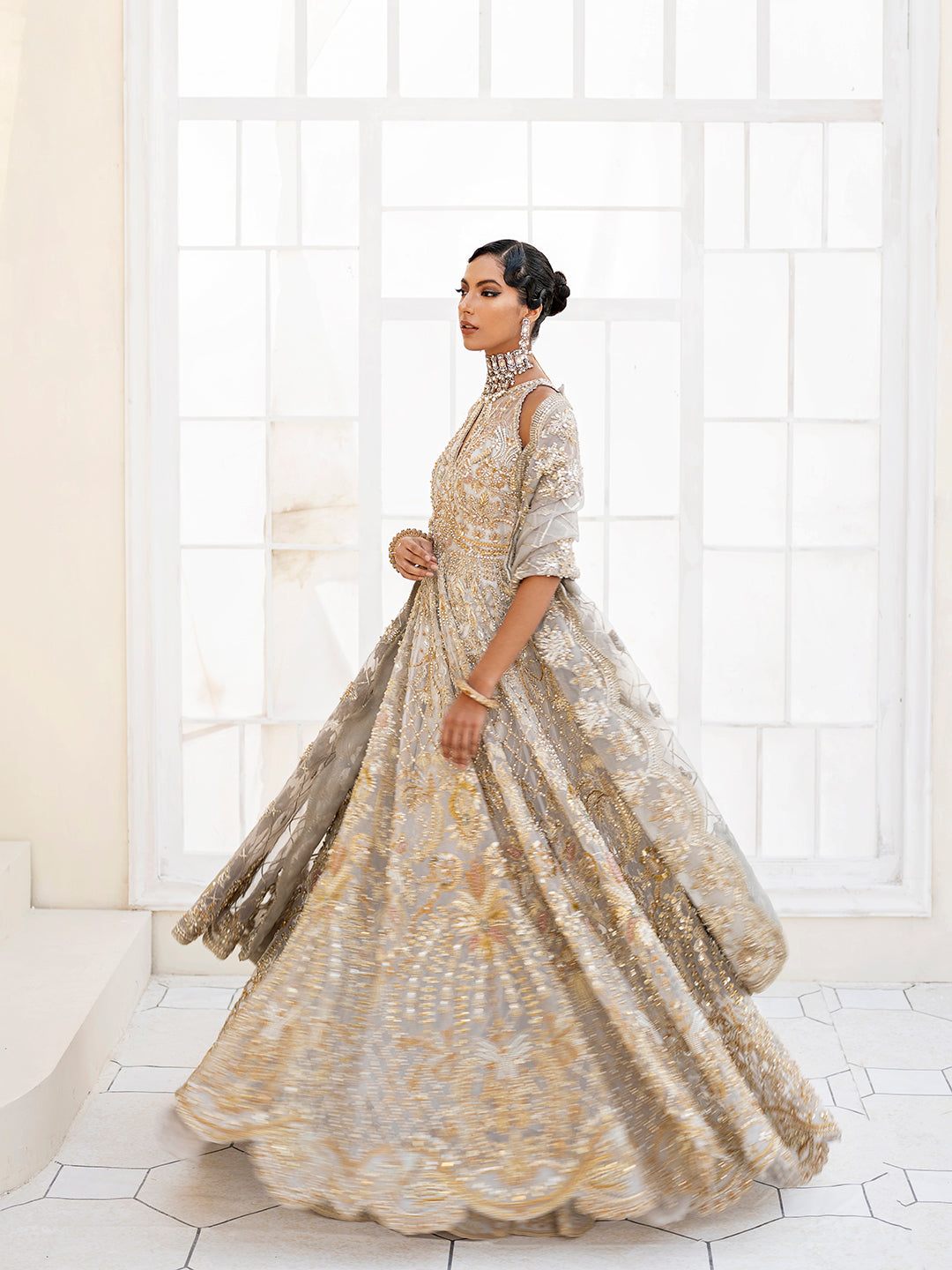 Pakistani Ice Blue Embroidered Organza Peshwas Lehenga (3-Piece) - Image 3